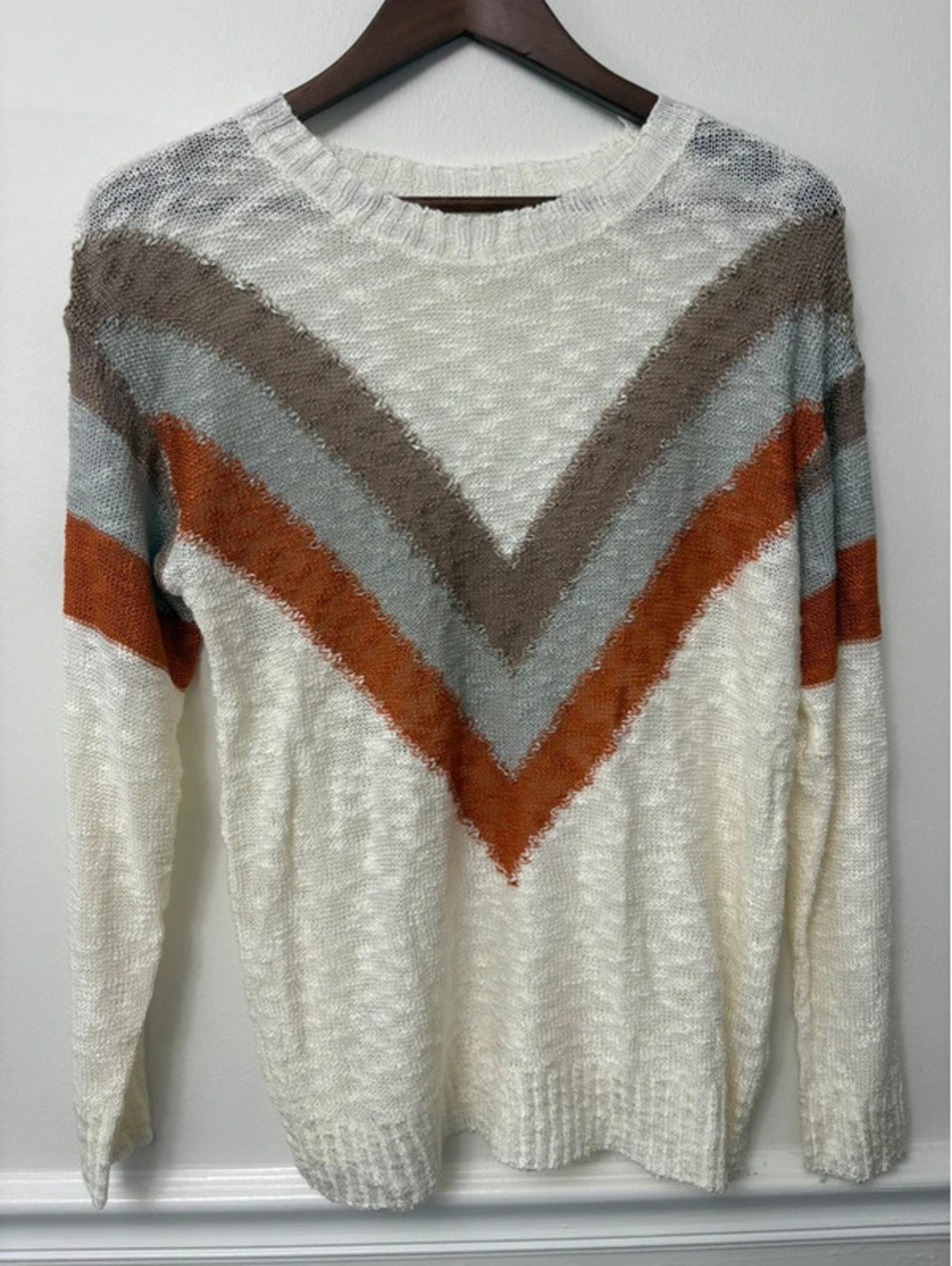 Cream Chevron Stripe Open-Knit Sweater Rust Gray Brown